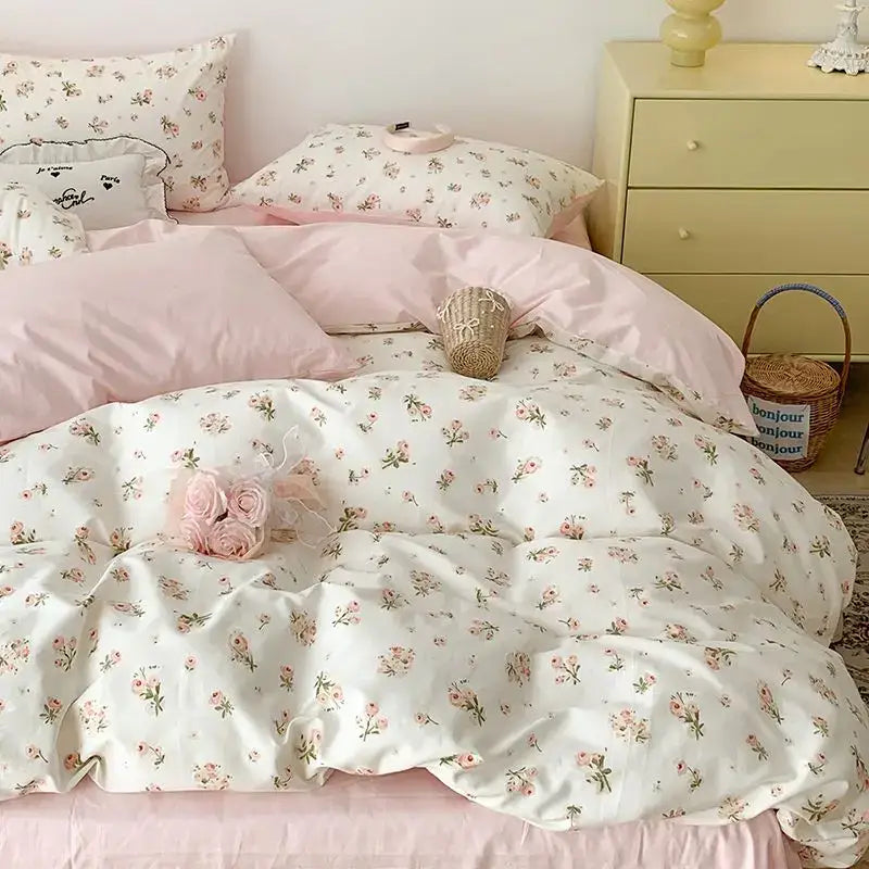 Decorbites™ pink floral bedding set queen size featuring delicate rose patterns on soft satin-like fabric