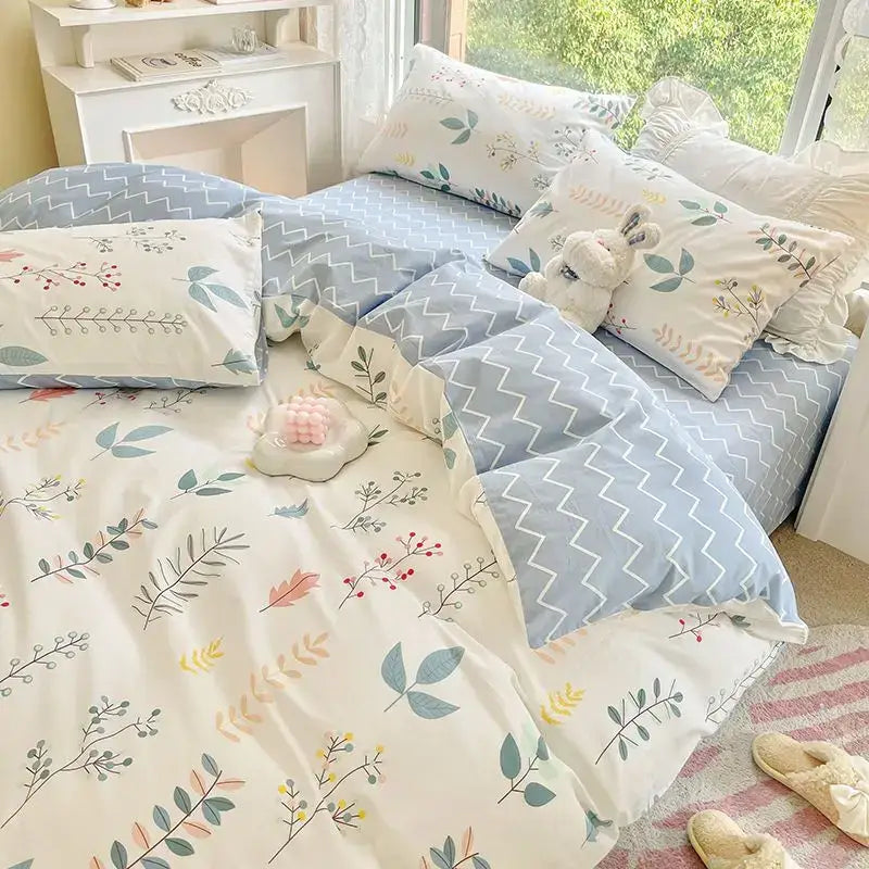 DecorBites™ pink floral bedding set queen size with pastel blue and cream botanical print and zigzag pattern accents