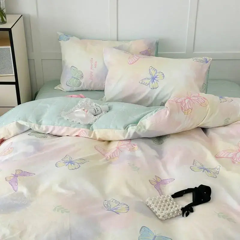 Decorbites™ pink floral bedding set queen size with pastel butterfly design soft flowing fabric in pink floral hues