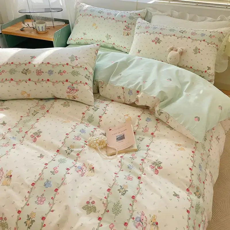 Decorbites™ queen size pink floral bedding set featuring pastel green and cream floral patterns with embroidered bunny motifs