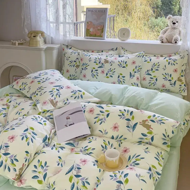 Decorbites™ queen size bedding set with pastel green cream floral design and embroidered bunny motifs for pink floral bedding fans