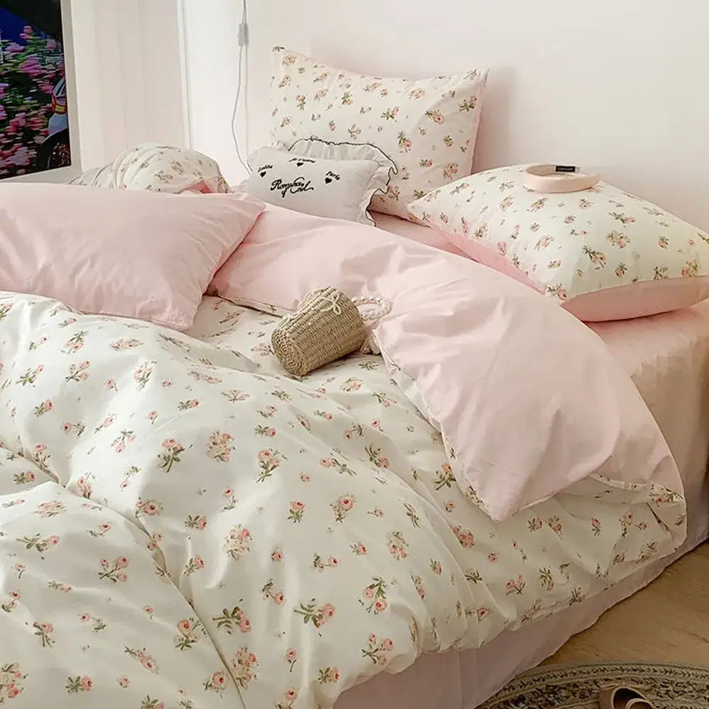 Decorbites™ pink floral bedding set queen size featuring soft pink and cream rose patterns on satin fabric