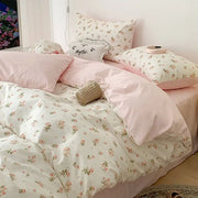 Decorbites™ pink floral bedding set queen size featuring soft pink and cream rose patterns on satin fabric
