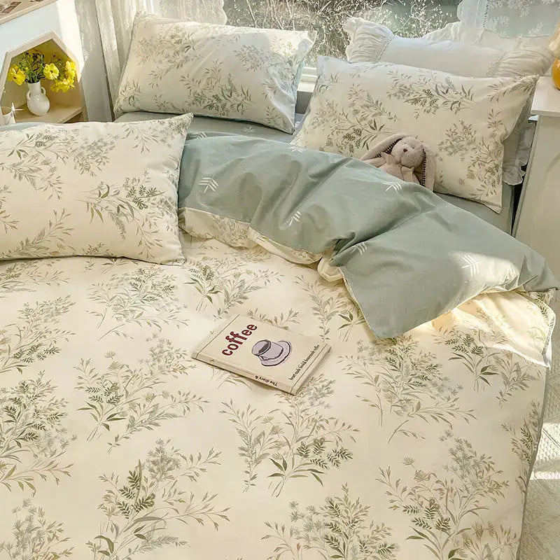 Decorbites™ queen size bedding set with soft cream color, green botanical prints, subtle lace trim, pink floral design