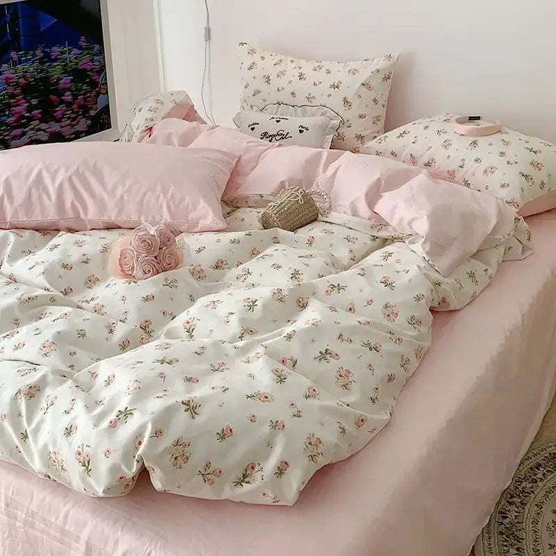 Decorbites™ pink floral bedding set queen size with off-white duvet cover featuring delicate pink and green floral pattern