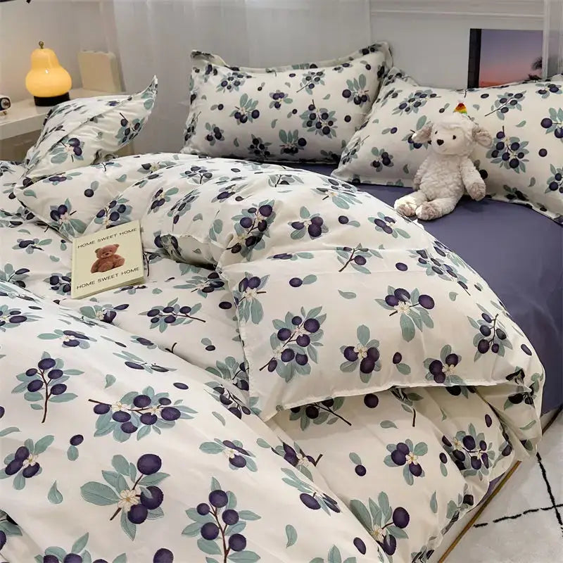 Decorbites™ pink floral bedding set queen size with white quilt featuring purple berries and green leaves on plush fabric