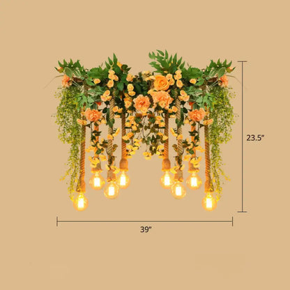 Decorbites™ pink flower and vine hemp rope pendant light with greenery and orange roses for dining room lighting