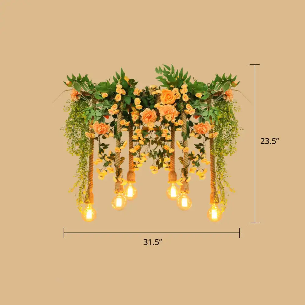DecorBites™ pendant light with pink artificial flowers and hemp rope for dining room cottage island lighting