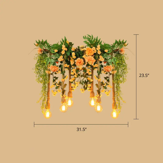 DecorBites™ pendant light with pink artificial flowers and hemp rope for dining room cottage island lighting