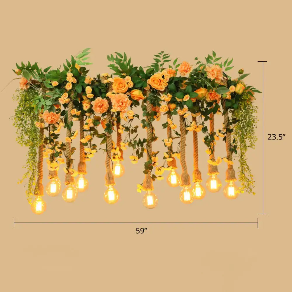 Decorbites™ pink flower and vine hemp rope pendant light with orange roses for dining room cottage island lighting