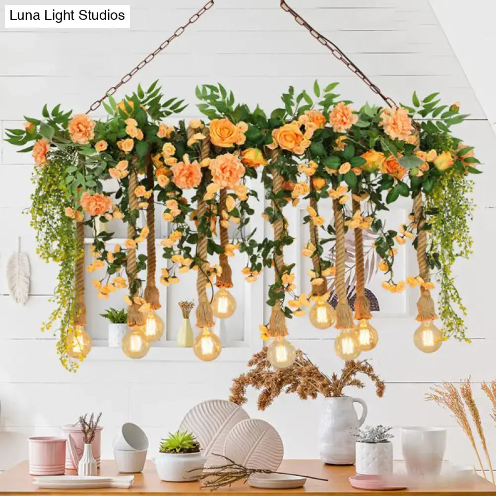 Decorbites™ pink flower and vine hemp rope pendant light with cascading orange roses for dining room lighting