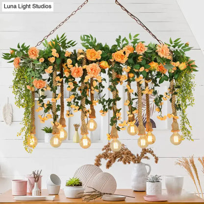 Decorbites™ pink flower and vine hemp rope pendant light with cascading orange roses for dining room lighting