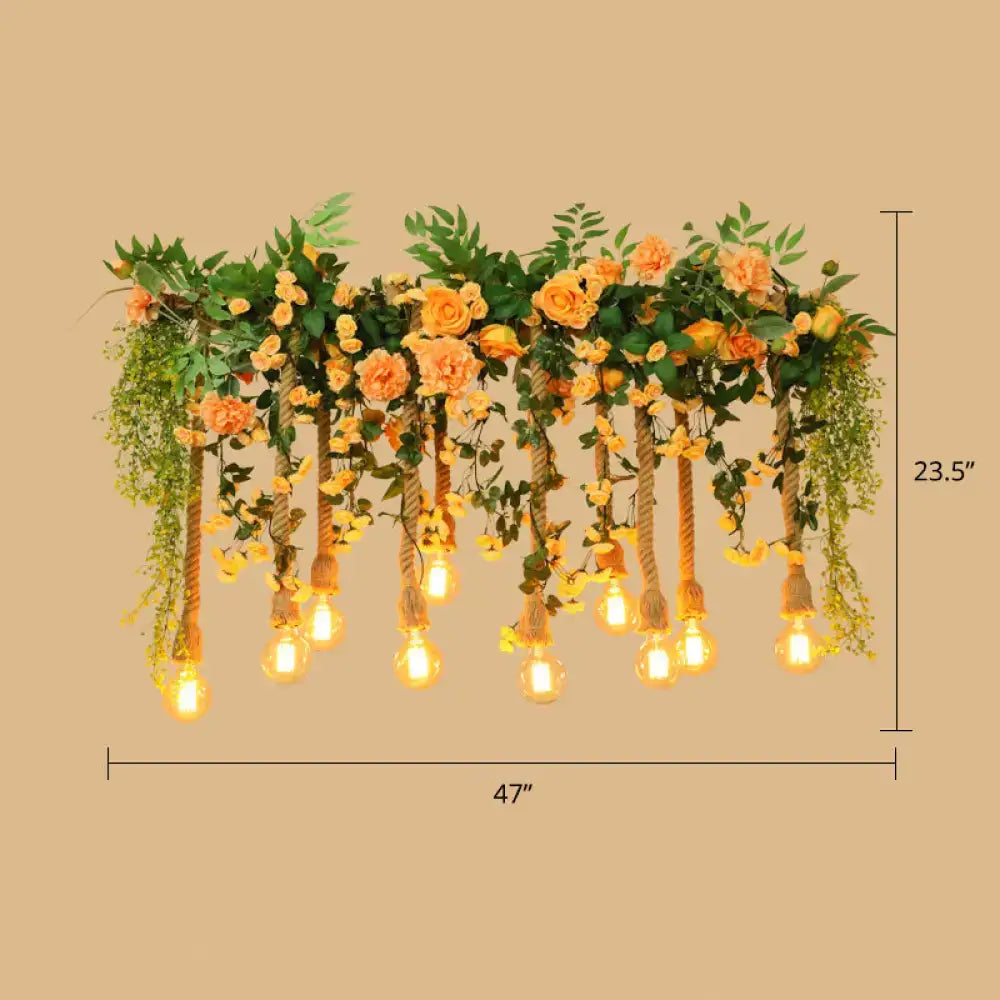 Decorbites™ pink flower pendant light with artificial orange roses and hemp rope for dining room cottage lighting