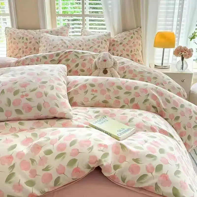 DecorBites pink flowers duvet cover set with creamy white base and green leaves for girls and boys bedding