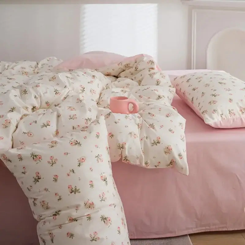 Floral-patterned cream duvet cover set with pink flowers and rose motifs on lightweight fabric by DecorBites for kids