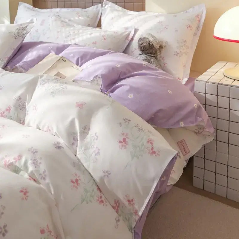 Lavender and white floral pink flowers duvet cover set by DecorBites with soft quilted texture for girls and boys