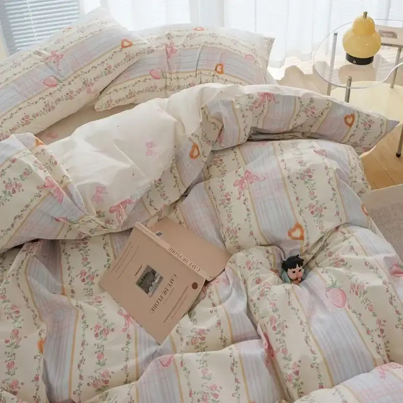 Decorbites pink flowers duvet cover set featuring pastel floral pattern with soft cream pink and light blue stripes
