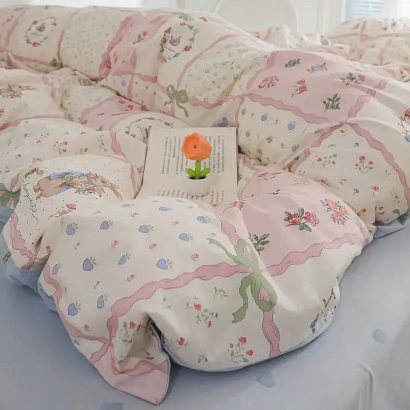 Decorbites™ pink flowers duvet cover set featuring pastel pink and cream floral pattern with green ribbon accents for kids