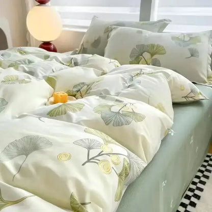 DecorBites pink flowers duvet cover set featuring a soft cream cover with green and yellow ginkgo leaf pattern and matching pillowcases