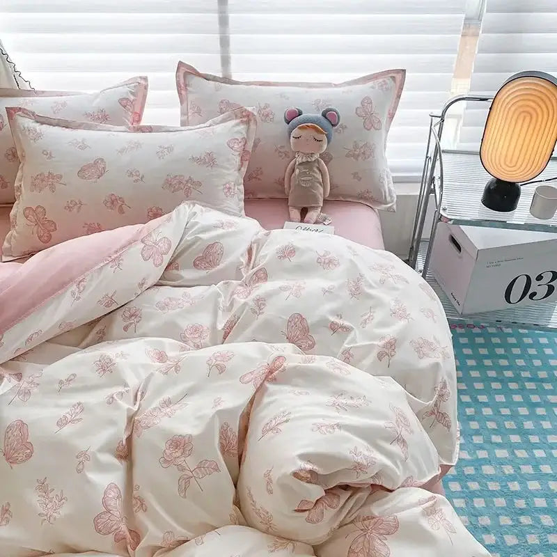 DecorBites pink flowers duvet cover set with white floral pattern and soft cozy texture for girls and boys bedding