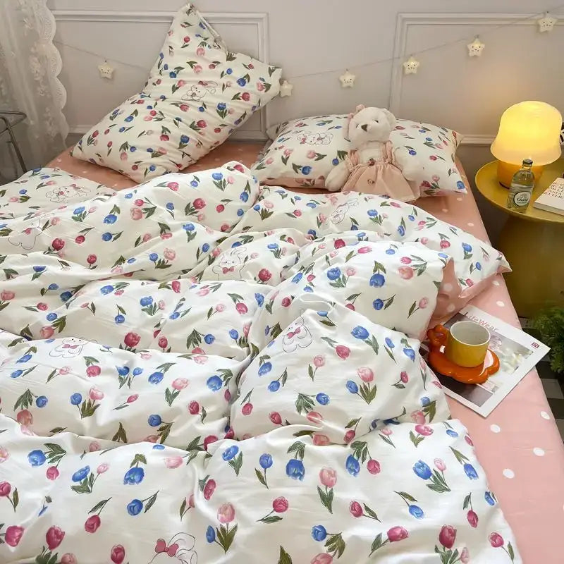 White duvet cover with pink flowers and cartoon bunnies in soft cotton for cozy decorbites cover set