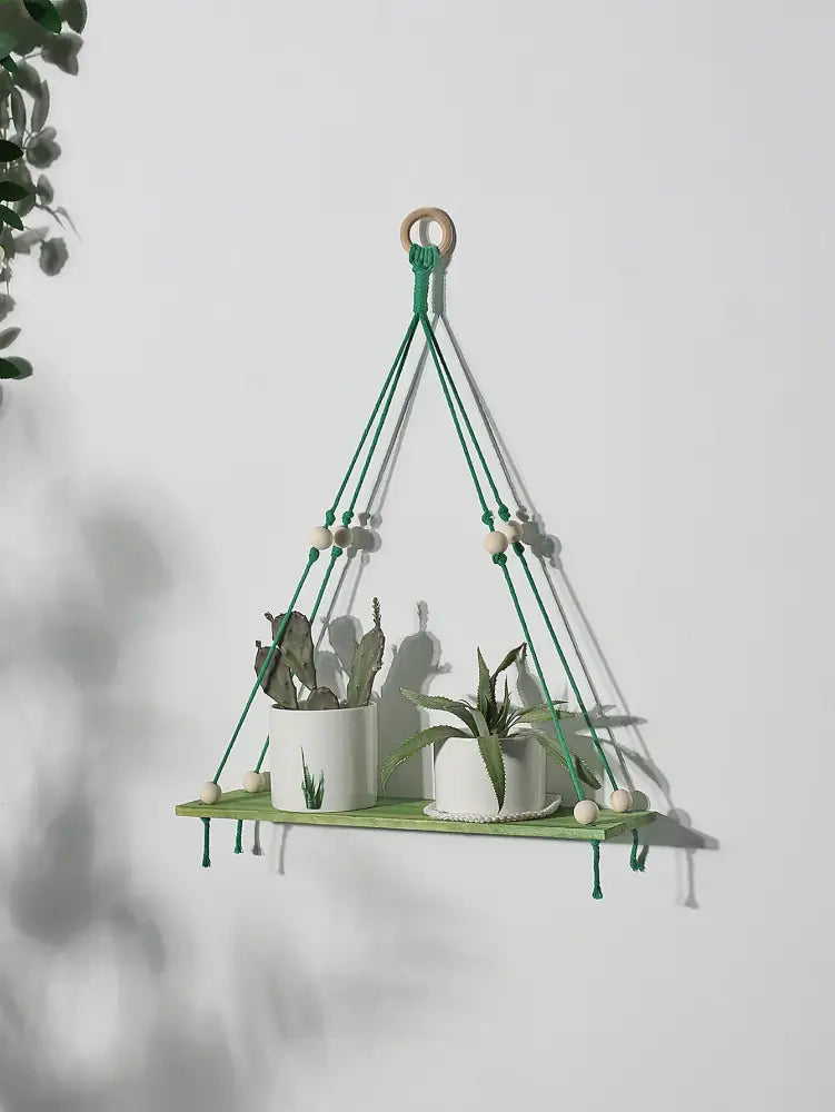 Green wooden macrame hanging shelf with wooden beads and natural wood ring for kids room decorbites pink green shelf
