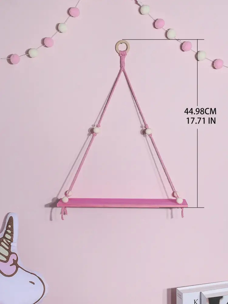 Pink green wooden decorbites™ macrame hanging shelf with wooden beads and circular top ring for kids room wall decor