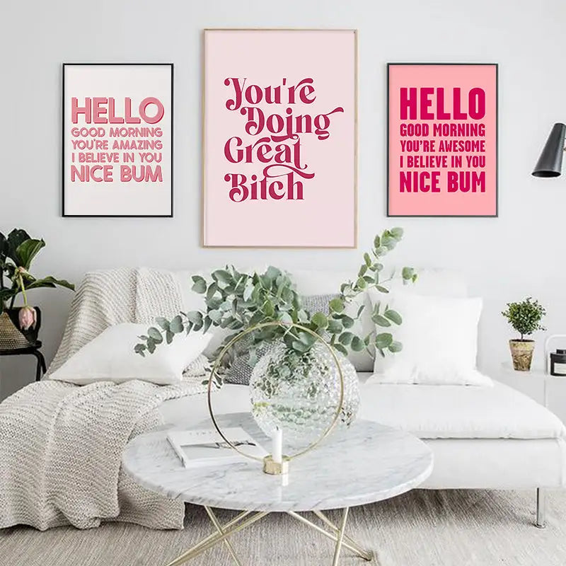 DecorBites pink makeup funny quote art poster with a clear glass vase holding green eucalyptus branches and gold accents