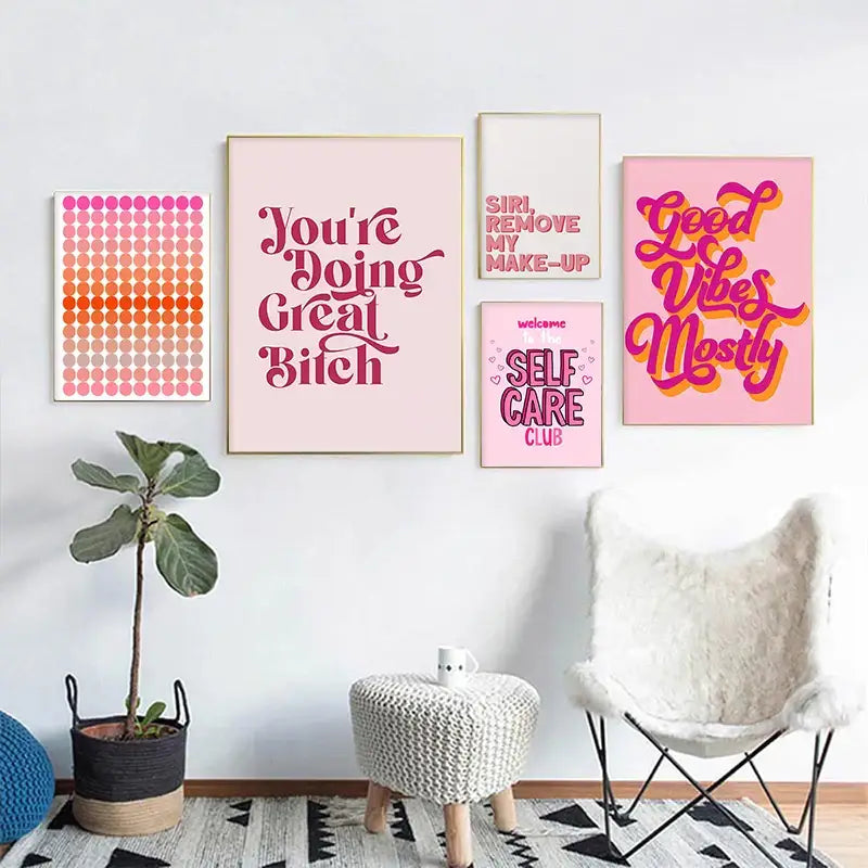 DecorBites pink makeup funny quote art poster with pink and orange gradient dot design in a gold frame