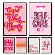 Set of six pink-themed motivational quote art posters with bold colorful typography and black frames by DecorBites™
