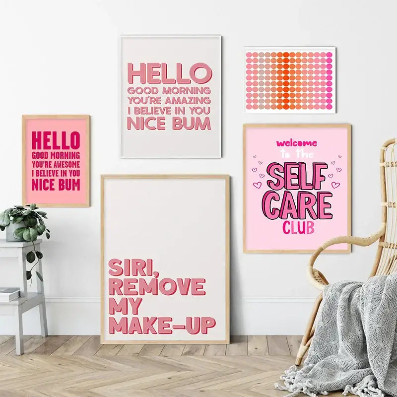 DecorBites pink and white framed quote art poster with bold typography featuring inspirational and self care messages