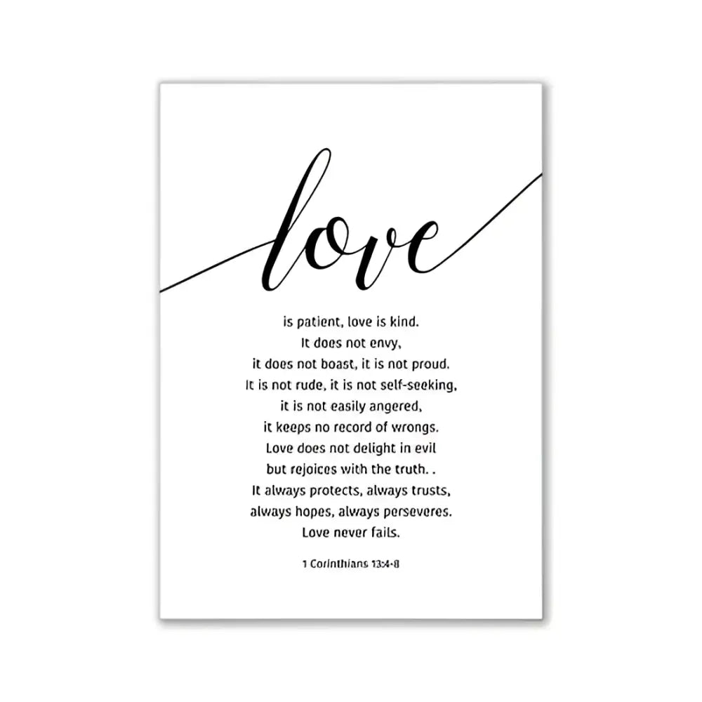 Decorbites™ pink minimalist wall art for girls room featuring black calligraphy love and 1 corinthians passage on white background modern wall art