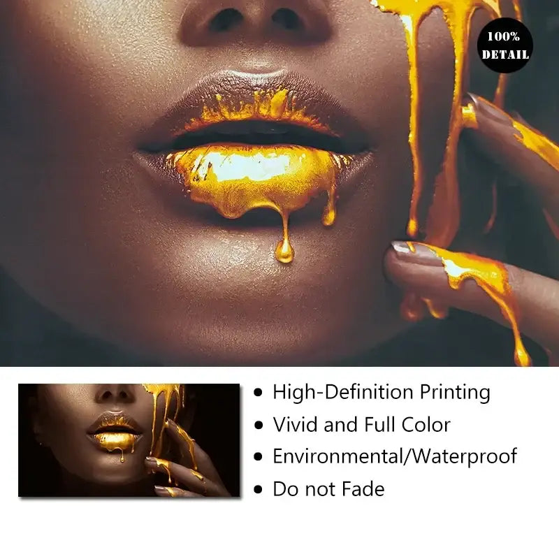 Decorbites™ pink music lyrics wall art canvas features high-definition golden liquid dripping from glossy lips and fingers