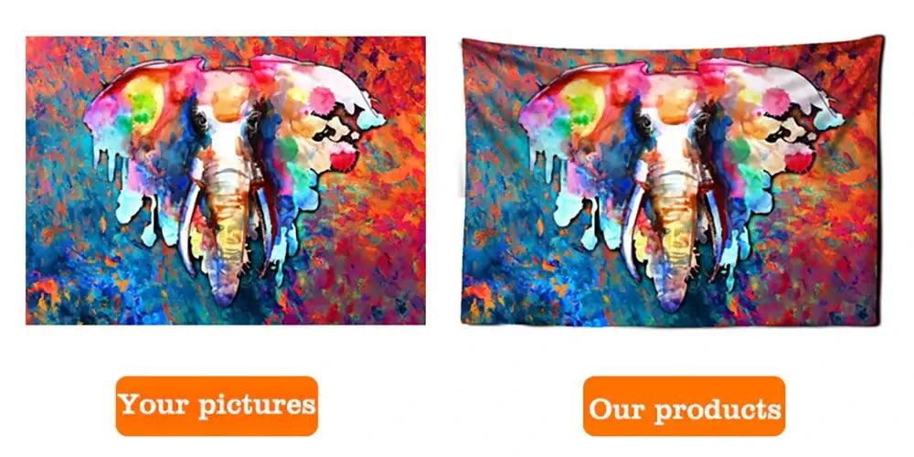 Vibrant watercolor elephant tapestry with dripping paint in multicolored hues from decorbites pink planet tarot boho decor