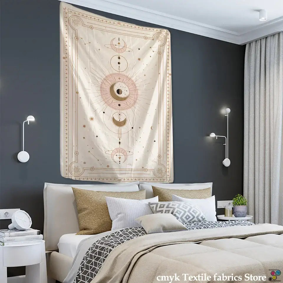 A cream-colored cream-colored decorbites™ pink planet tarot tapestry wall hanging with gold pink accents on dark gray wall