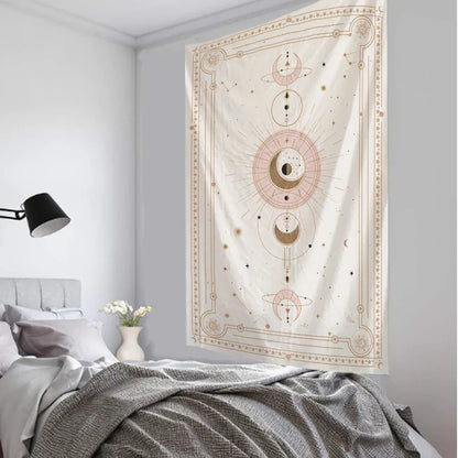 A cream-colored decorbites™ pink planet tarot tapestry featuring pink and gold moon phases stars and ornate borders