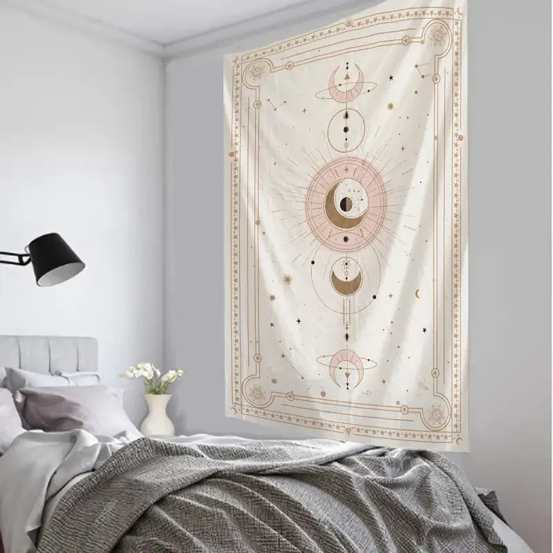 A cream-colored decorbites™ pink planet tarot tapestry featuring pink and gold moon phases stars and ornate borders