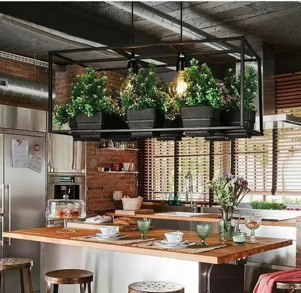 Industrial-style black metal planter light chandelier with multiple green potted plants for modern decor