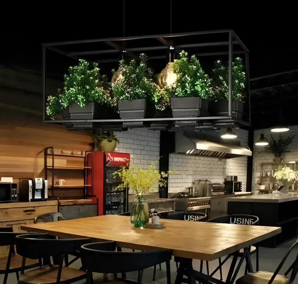 Decorbites™ planter light chandelier with black metal frame housing multiple green potted plants in industrial style