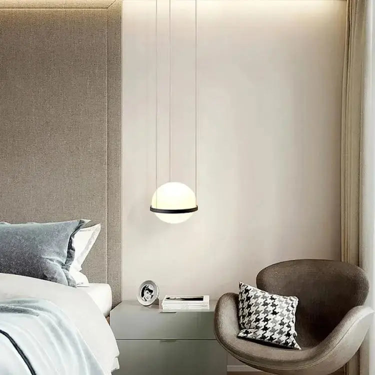 DecorBites™ planter light pendant featuring a modern spherical frosted glass globe with black metal rim