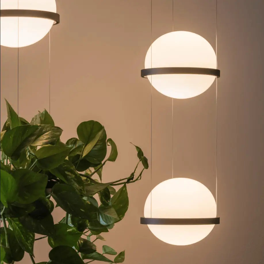 Decorbites™ planter light pendant chandelier featuring modern spherical light pendants with matte black metal rings and white glass globes