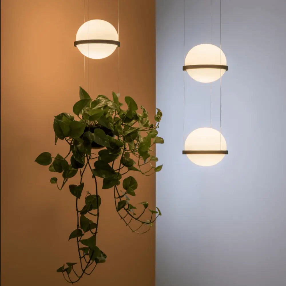 Three softly glowing spherical planter light pendants with black rings from decorbites light pendant chandelier