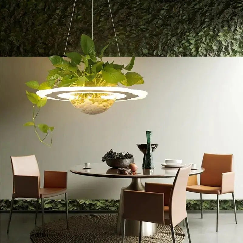 Modern DecorBites™ planter light table pendant with white illuminated ring and hanging green foliage for stylish lighting