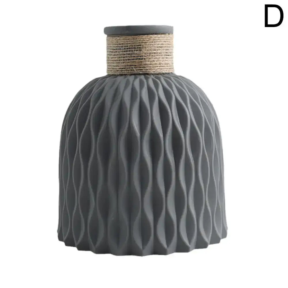 DecorBites™ gray ceramic plastic vase with textured wavy surface and natural twine band for flower arrangement