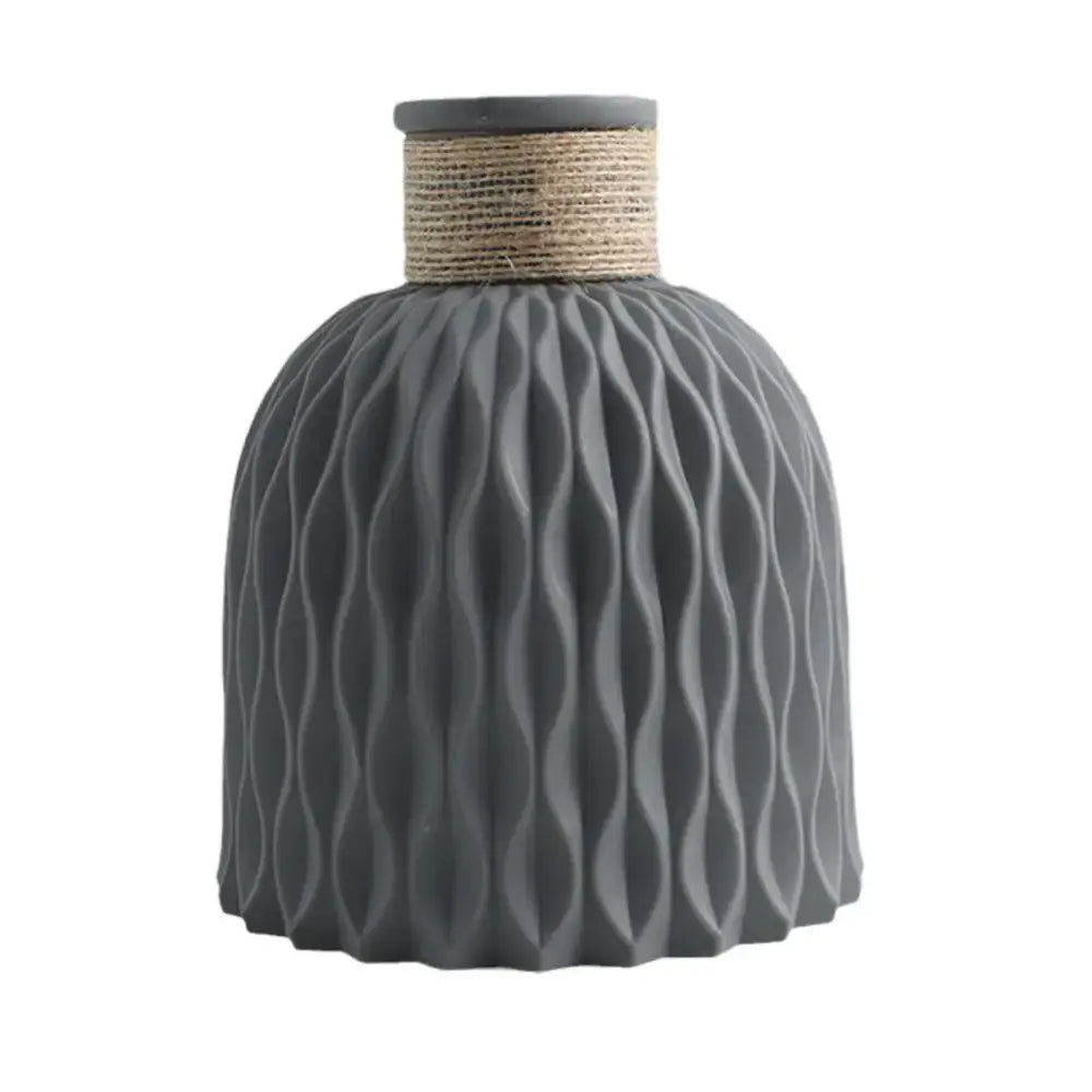 DecorBites™ gray ceramic flower arrangement vase with textured surface and natural twine rope plastic vase band