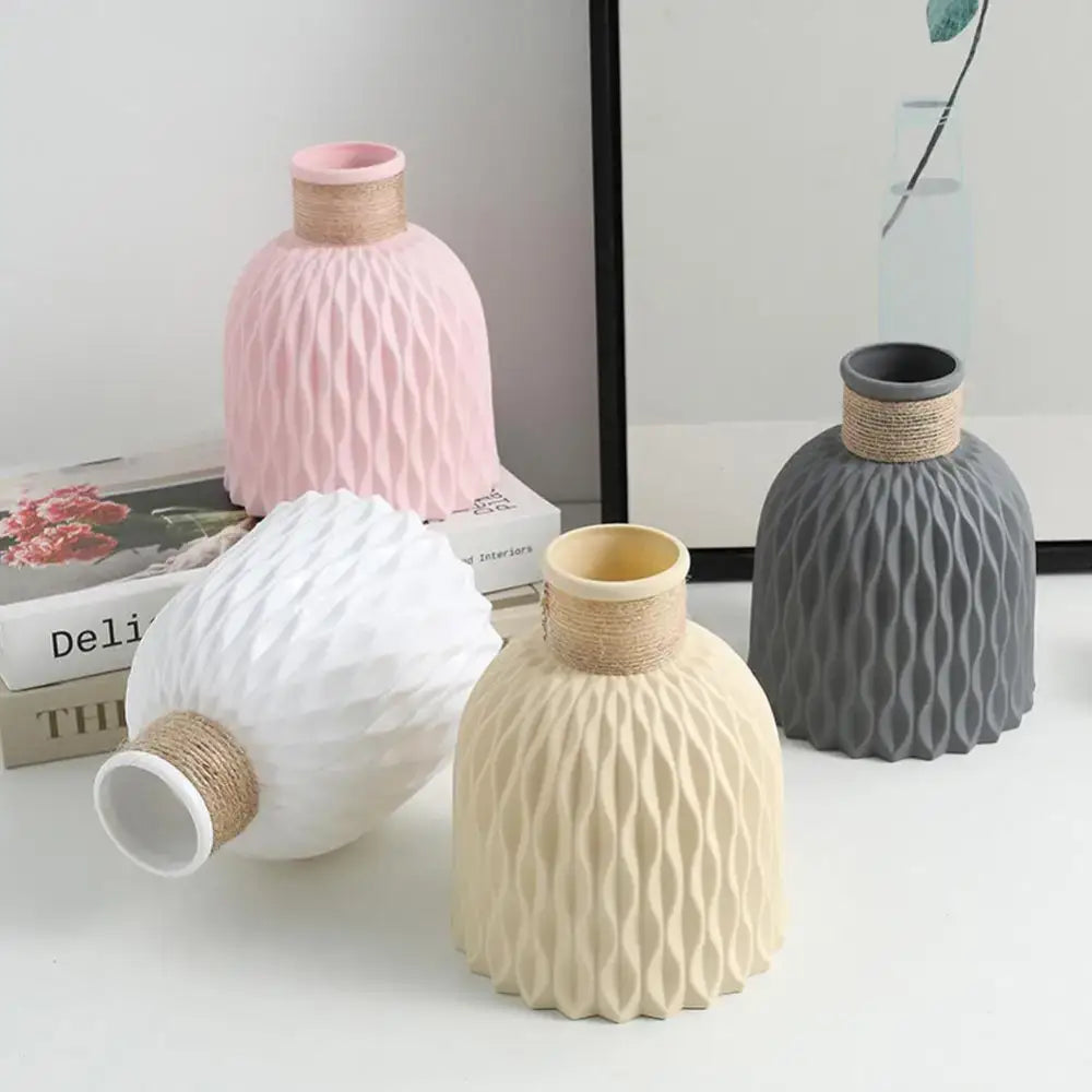 DecorBites™ pastel pink ceramic plastic vase with textured surface and twine neck perfect for flower arrangement