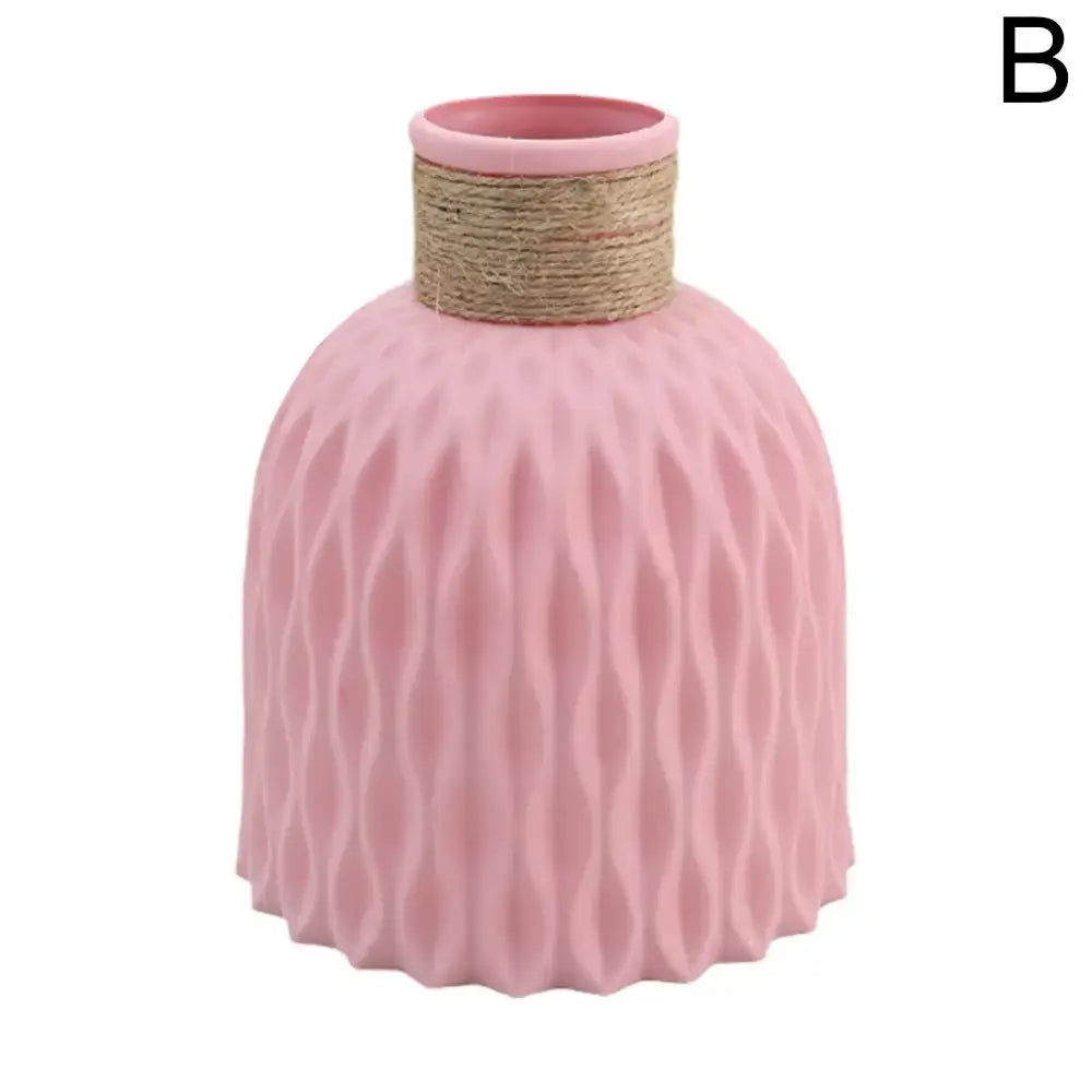 DecorBites™ plastic vase in pink with textured waves and twine rope neck ideal for flower arrangement and home décor