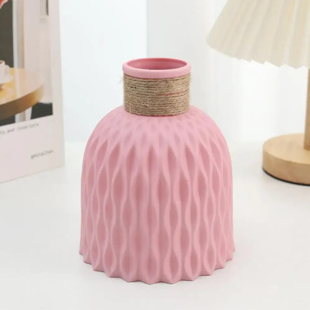 Decorbites™ pink ceramic plastic vase with textured wavy surface and natural twine wrap for flower arrangement
