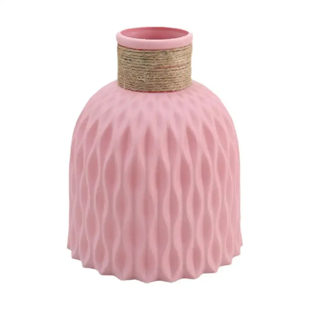 DecorBites™ plastic vase pink ceramic flower arrangement with textured waves and natural twine rope wrap for home décor