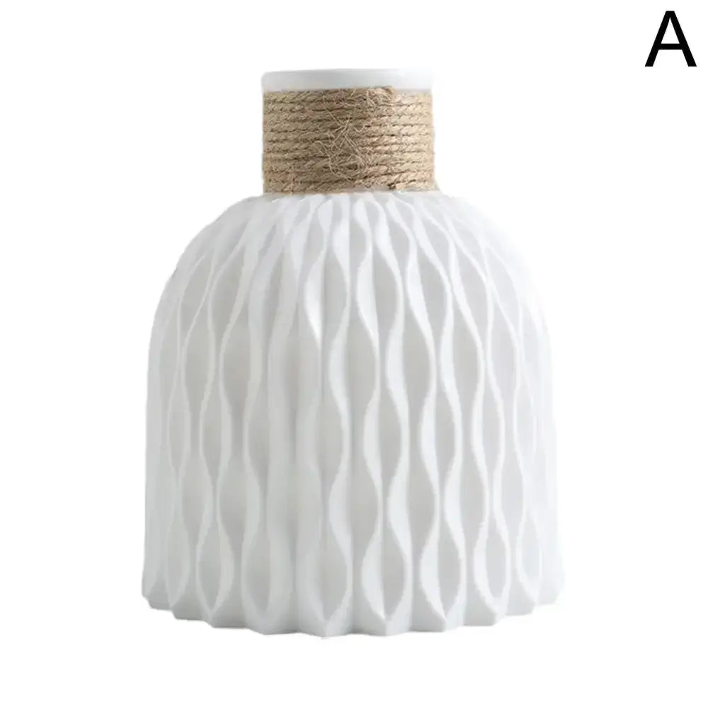DecorBites™ white ceramic plastic vase with textured waves and natural twine band for flower arrangement home décor